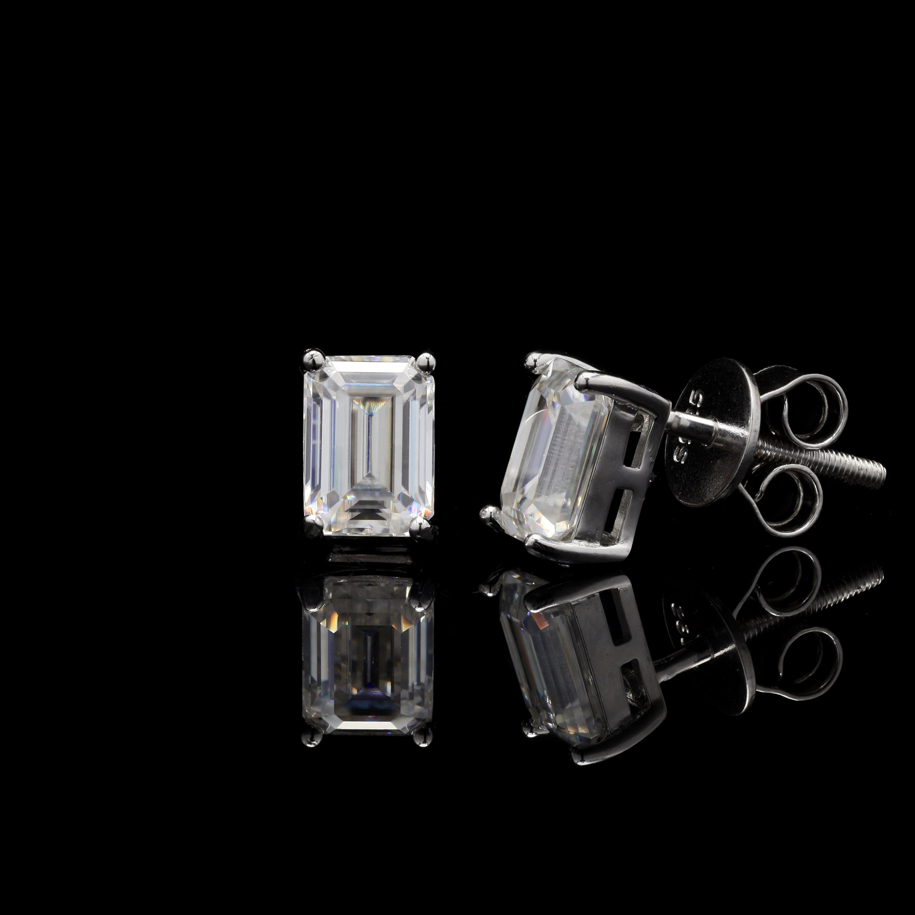 Emerald Cut Moissanite Diamond Studs in Sterling Silver
