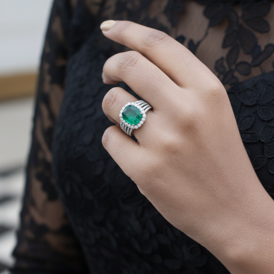 Women Lab Grown Emerald with Moissanite Ring