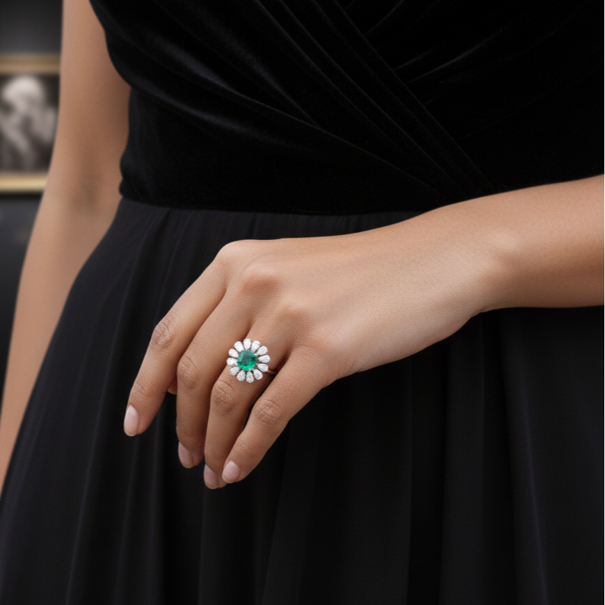 Floral Lab Grown Emerald Ring with Silver and Moissanite