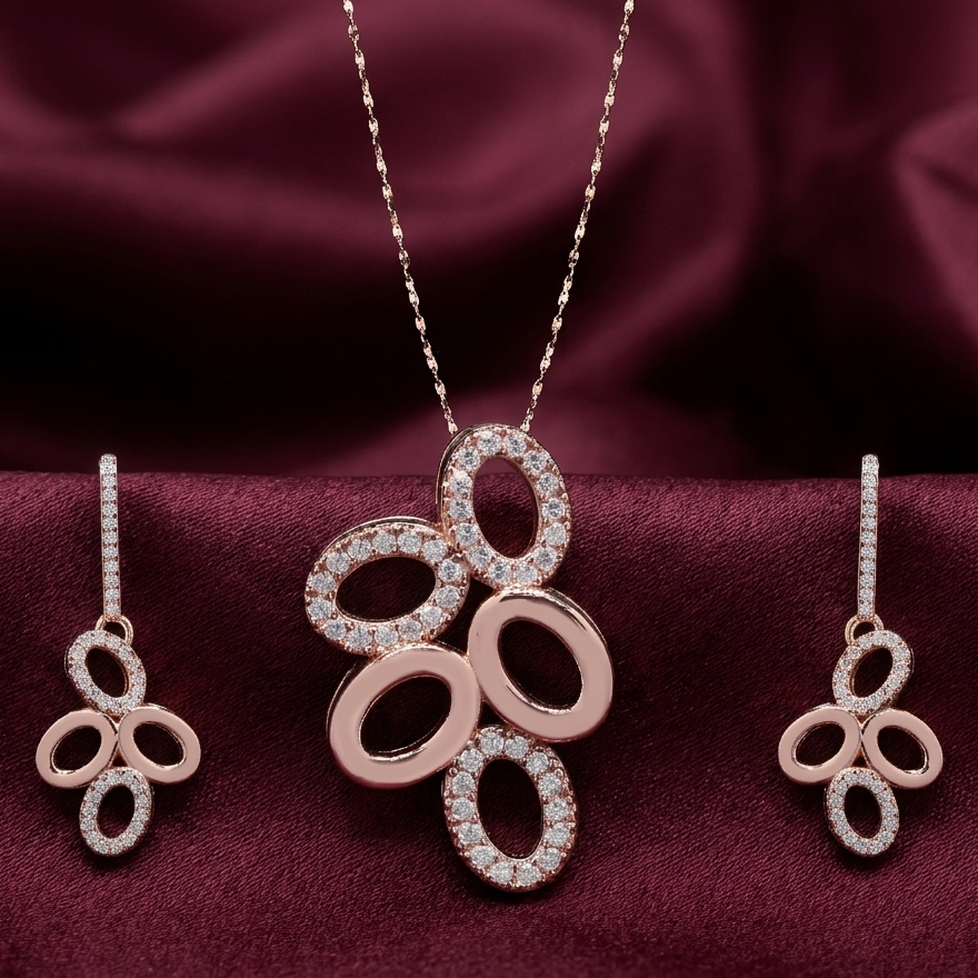 Silver Moissanite Rose Gold Plated Pendant Set for Women