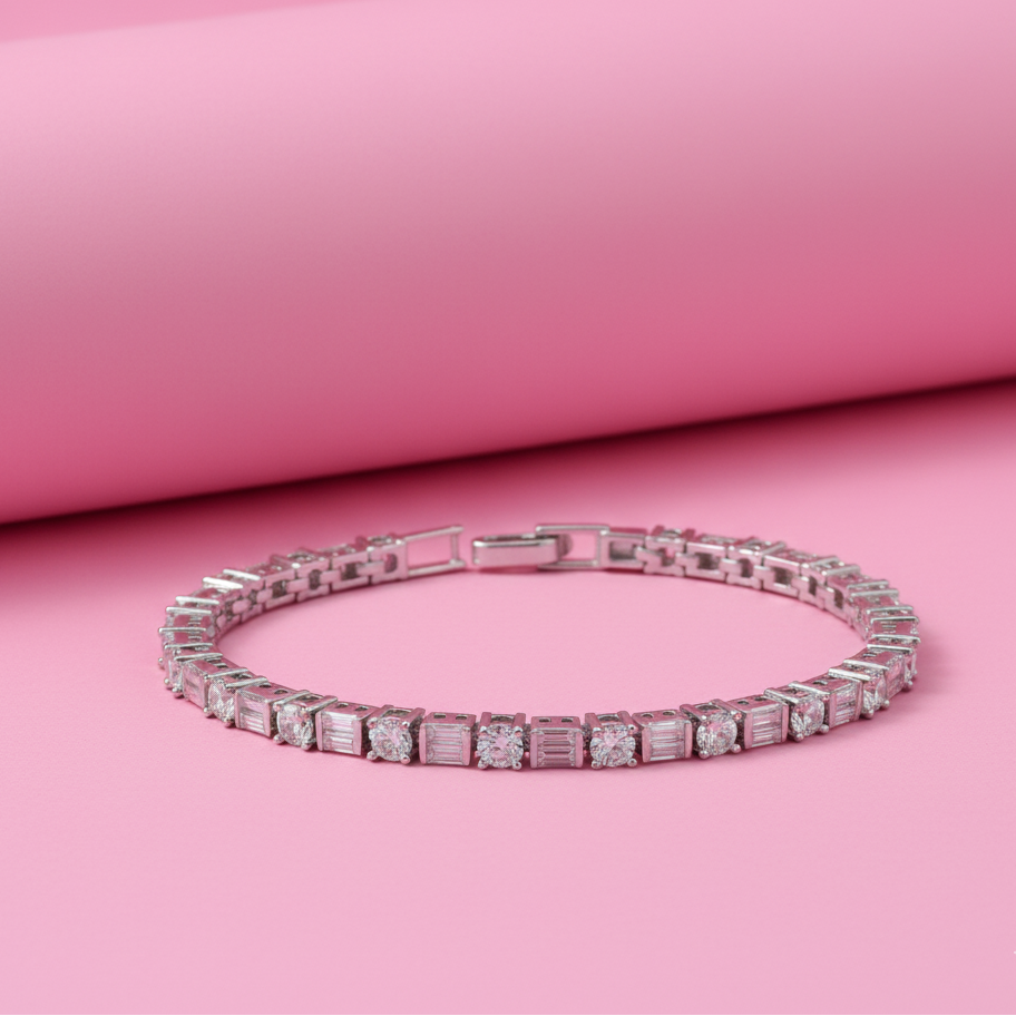 Emerald & Round Eternity Bracelet in Moissanite with Silver