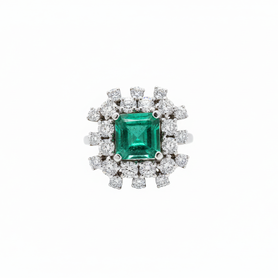 Designer Moissanite and Emerald Statement Ring in Sterling Silver