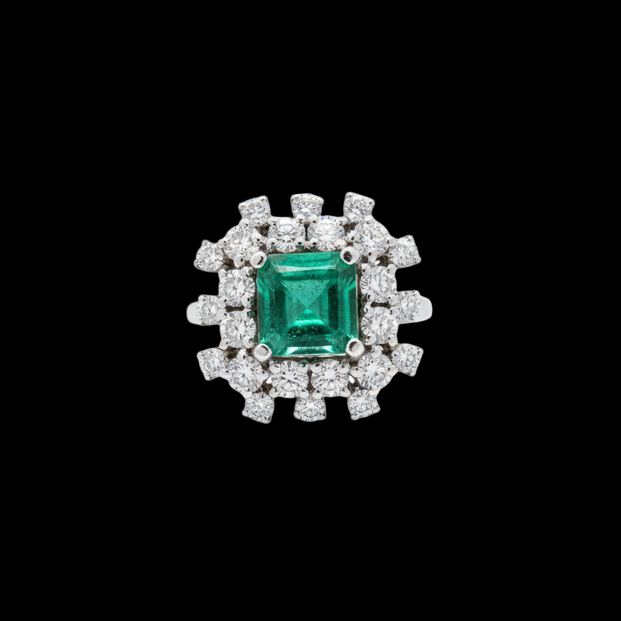 Designer Moissanite and Emerald Statement Ring in Sterling Silver