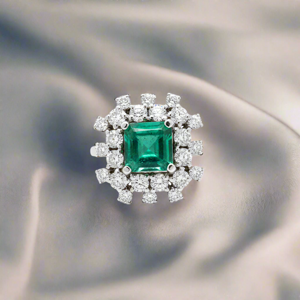 Designer Moissanite and Emerald Statement Ring in Sterling Silver