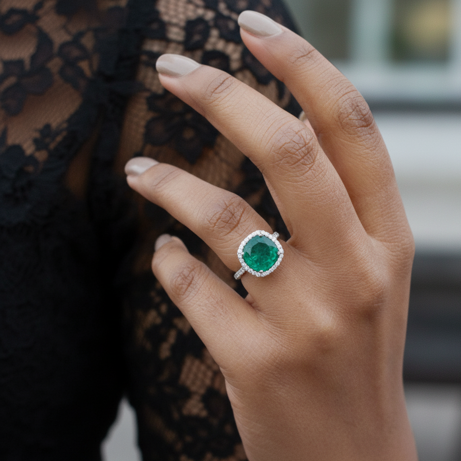 Classic Moissanite Solitaire Ring with Lab-Grown Emerald in Sterling Silver