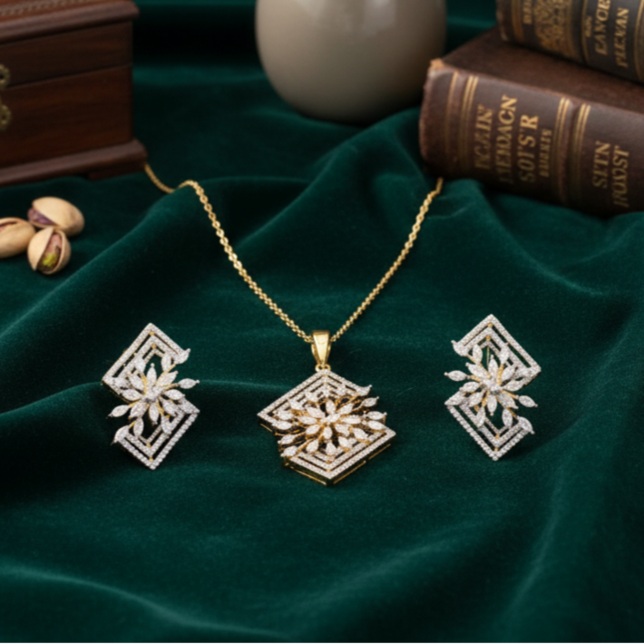 Affordable Moissanite Pendant Set in Silver WITH Gold Rhodium for Party & Bridal Wear