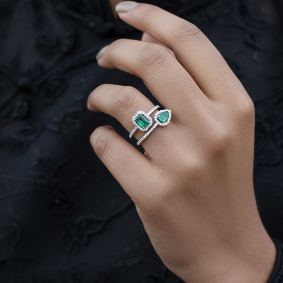 Lab Grown Emerald Baguette Ring in Sterling Silver with Moissanite