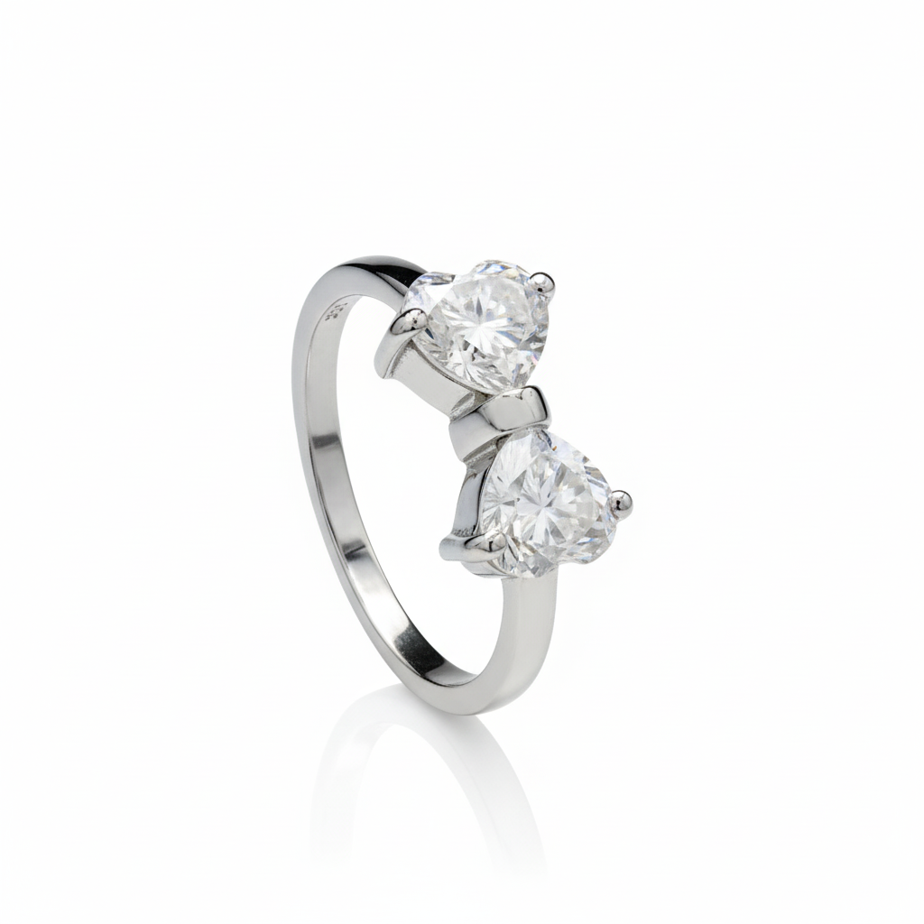 Two Stone Bow Ring, Two Heart Shape Moissanite Bow Style Ring, Bow Tie Moissanite Ring