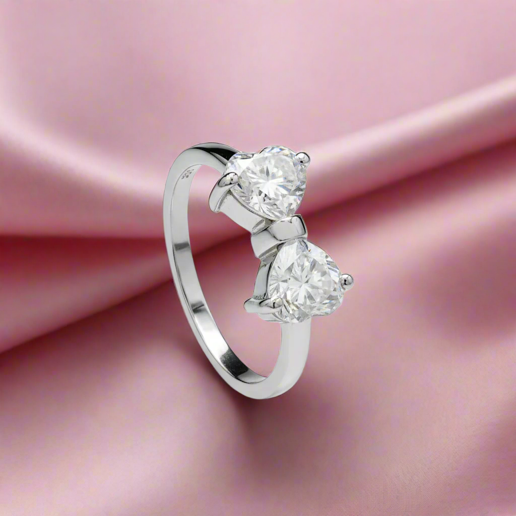Two Stone Bow Ring, Two Heart Shape Moissanite Bow Style Ring, Bow Tie Moissanite Ring