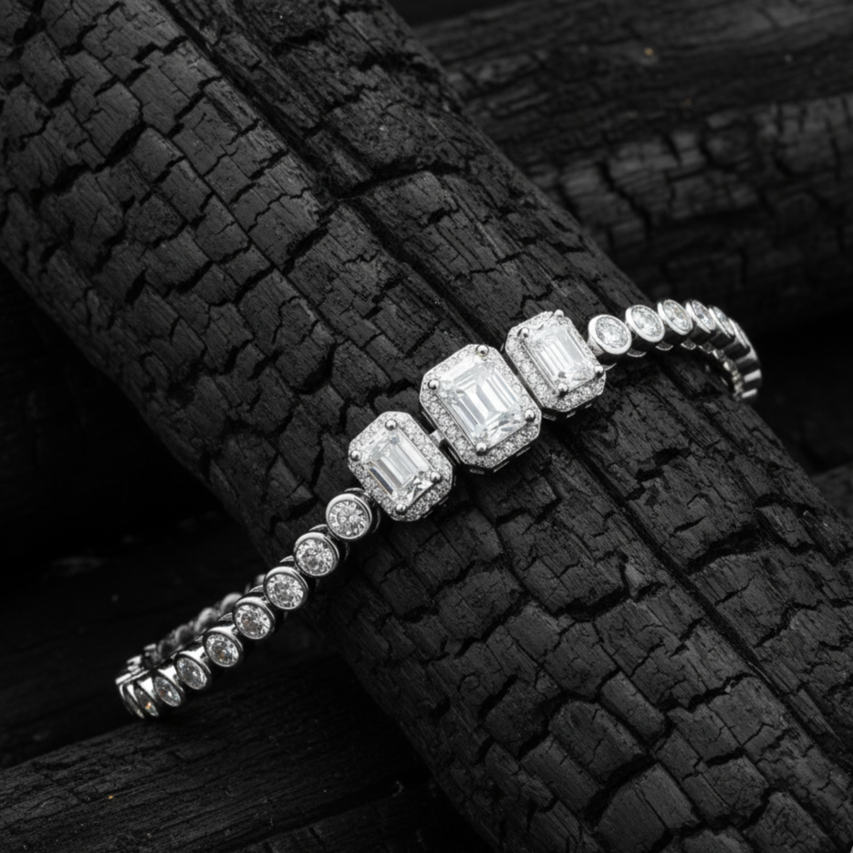 Emerald cut with Pave Moissanite Bracelet in 925 Silver