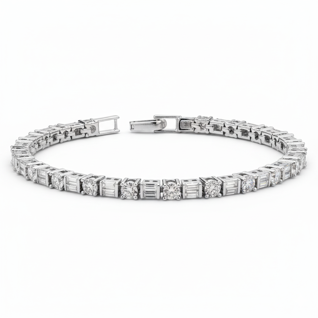 Emerald & Round Eternity Bracelet in Moissanite with Silver