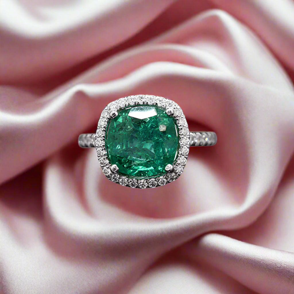 Classic Moissanite Solitaire Ring with Lab-Grown Emerald in Sterling Silver