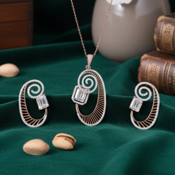 French wishes Rose Gold Sterling Silver Moissanite Pendant Set