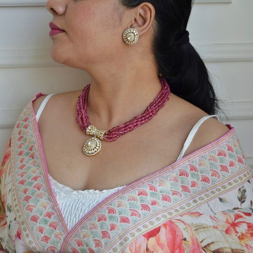 Moissanite Polki with Pink beads Royal Necklace in 92.5 Silver