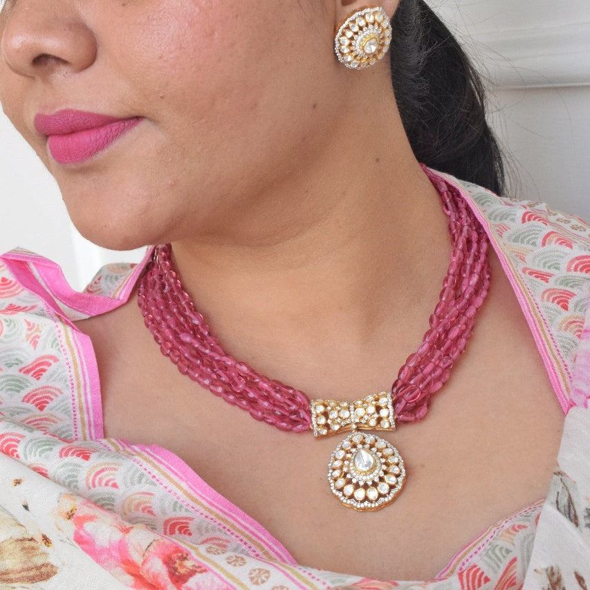 Moissanite Polki with Pink beads Royal Necklace in 92.5 Silver