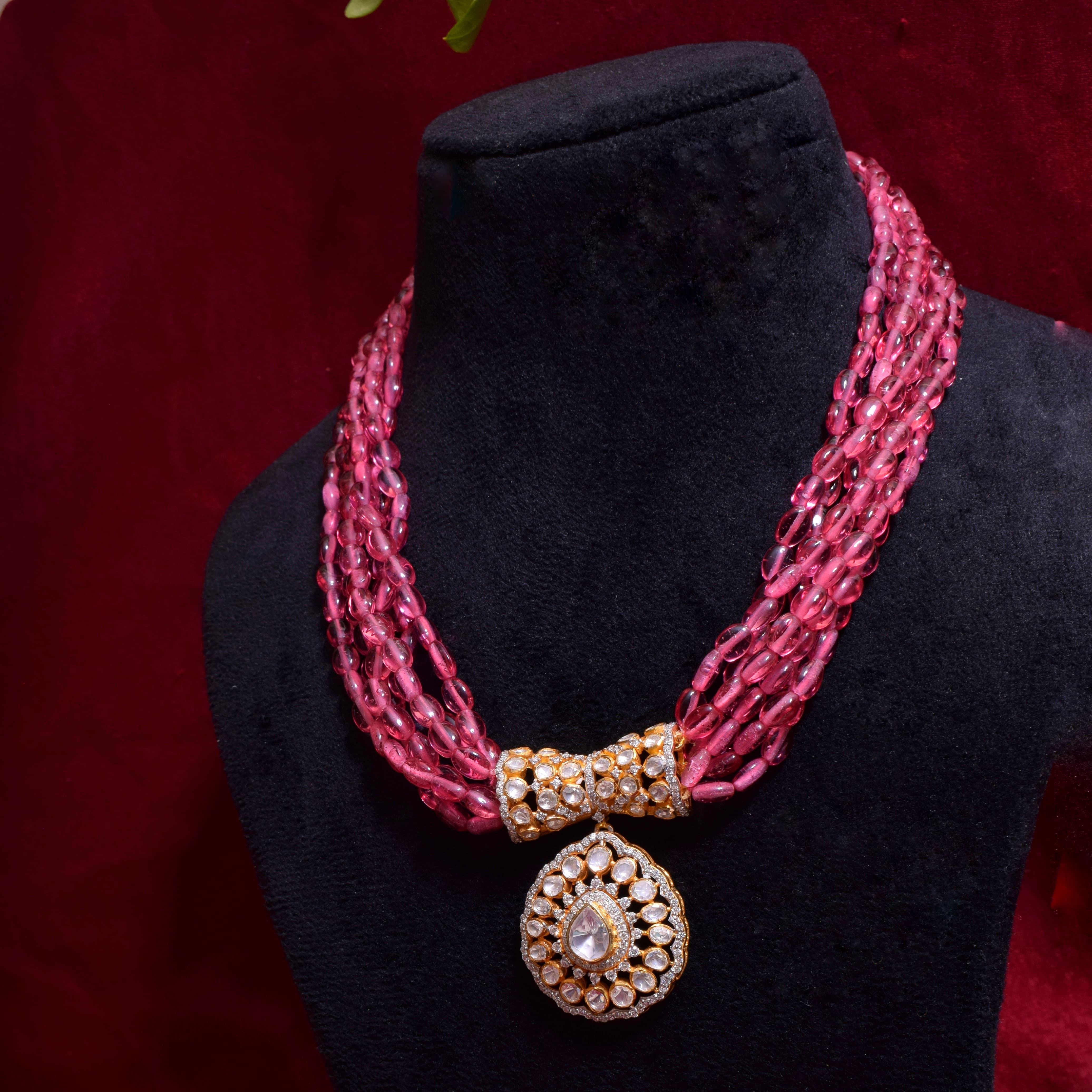 Moissanite Polki with Pink beads Royal Necklace in 92.5 Silver