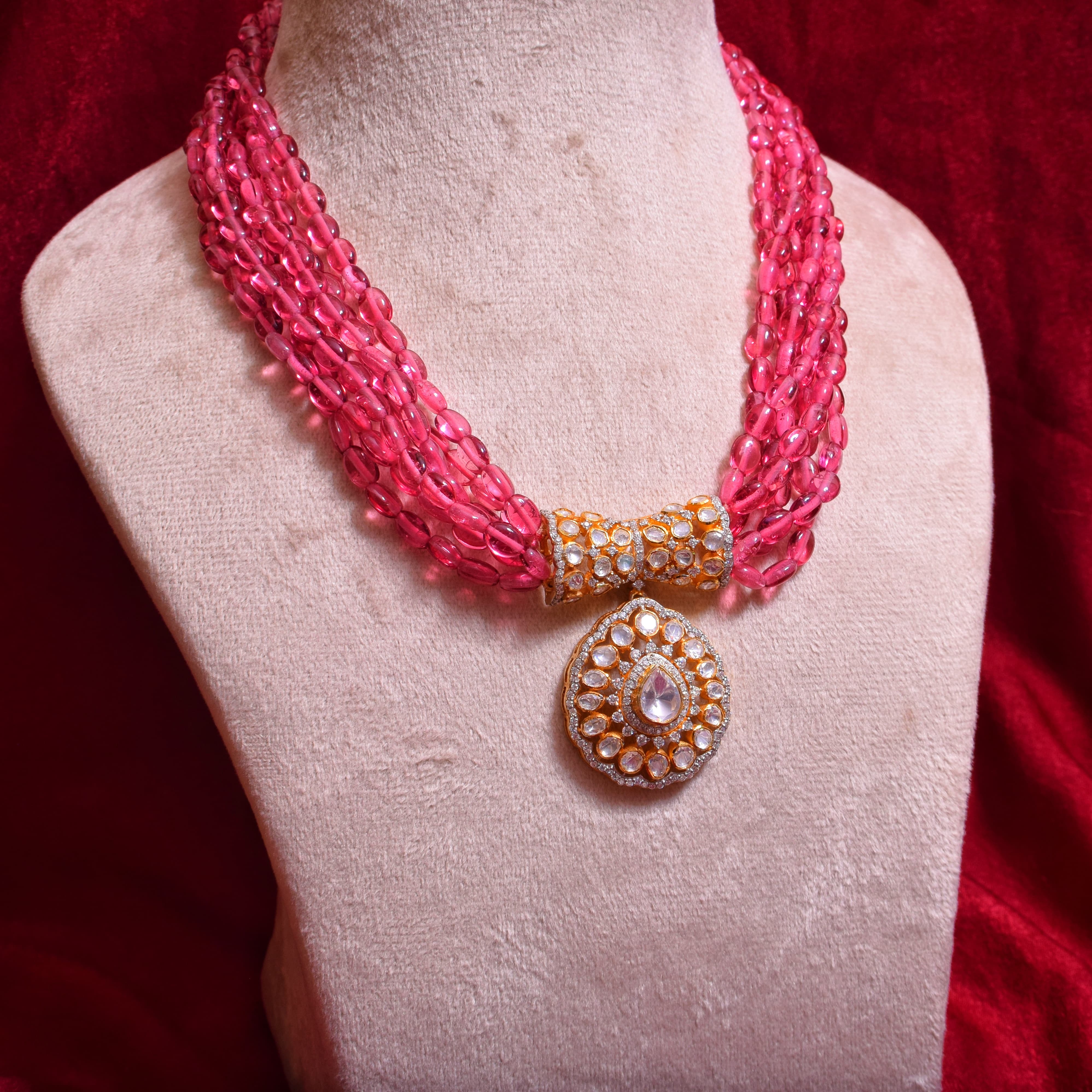 Moissanite Polki with Pink beads Royal Necklace in 92.5 Silver