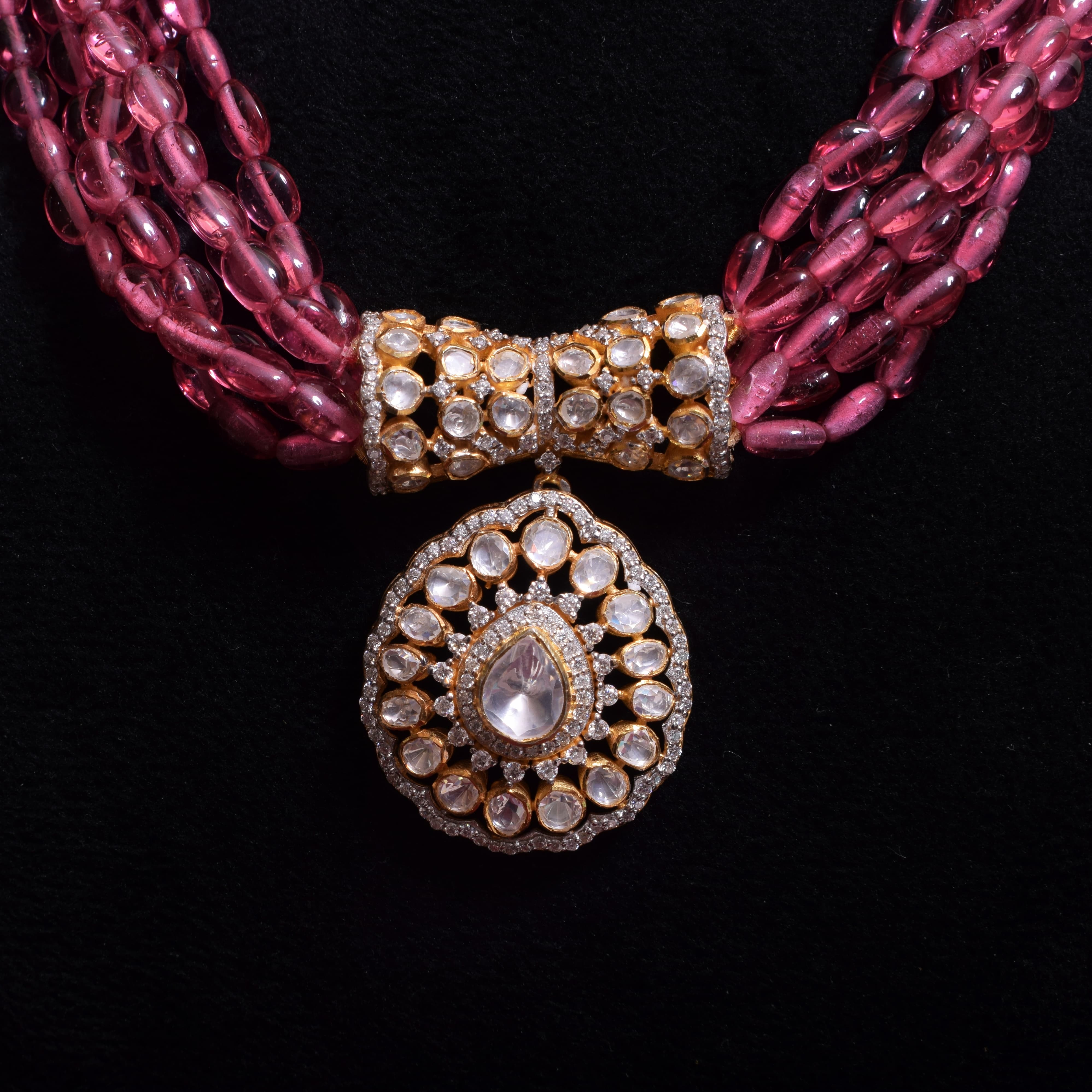 Moissanite Polki with Pink beads Royal Necklace in 92.5 Silver