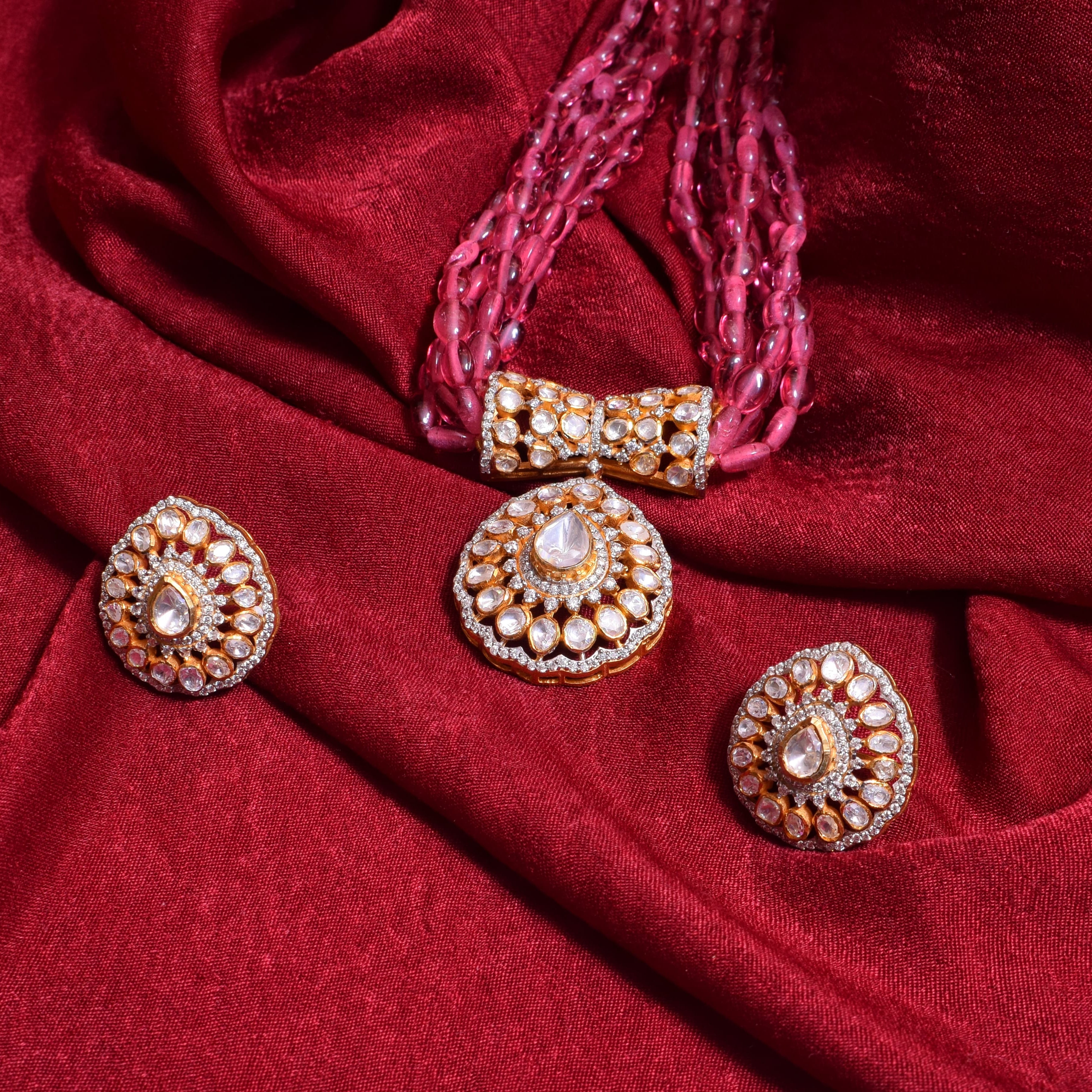 Moissanite Polki with Pink beads Royal Necklace in 92.5 Silver