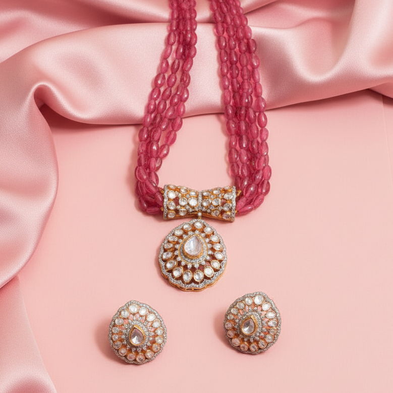 Moissanite Polki with Pink beads Royal Necklace in 92.5 Silver
