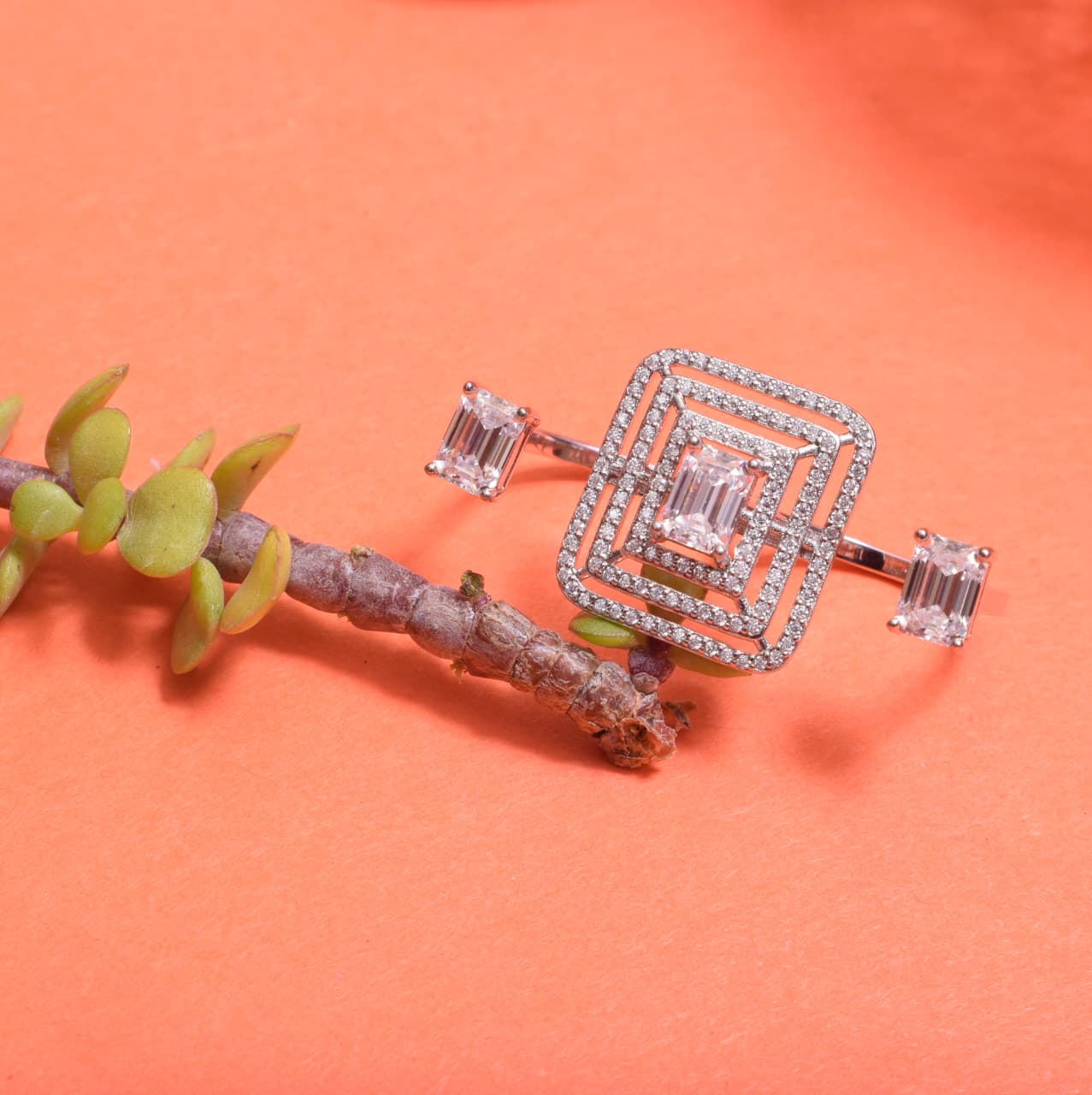 Sterling Silver with Moissanite 3 Finger Ring