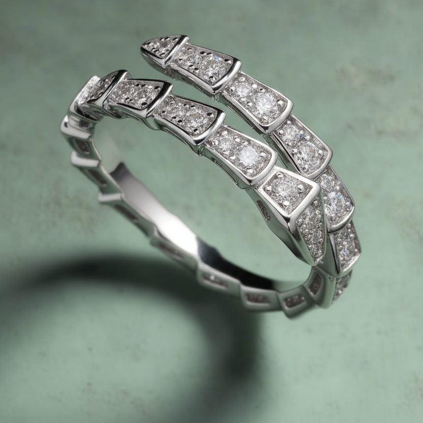 Sterling Silver with Moissanite Serpent Coil Ring| Snake Ring