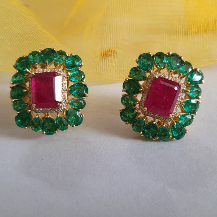 Lab-Grown Emerald Earrings with Ruby in 925 Sterling Silver