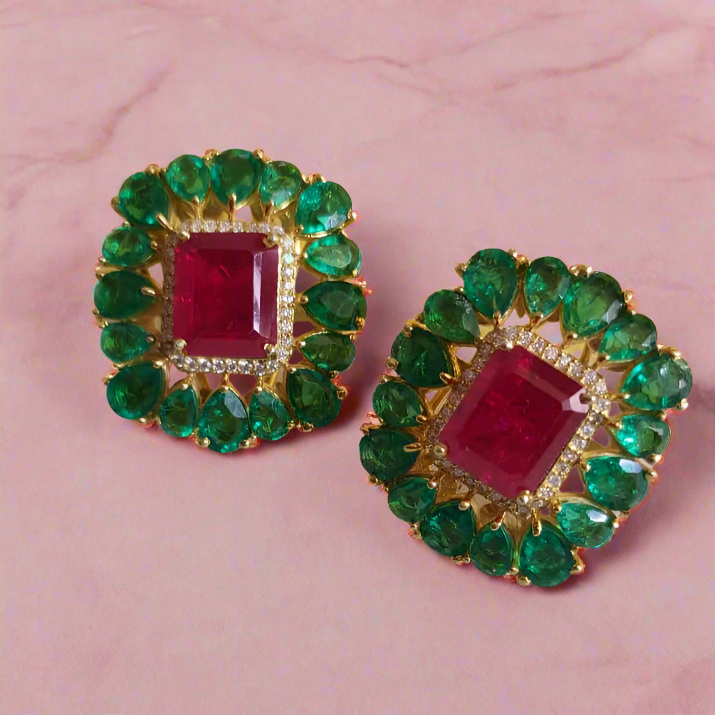 Lab-Grown Emerald Earrings with Ruby in 925 Sterling Silver
