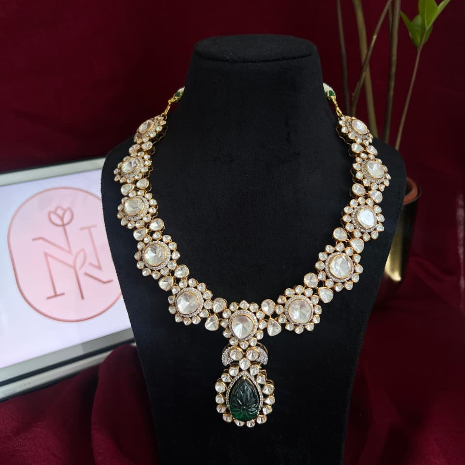 Royal Heritage Moissanite Polki Necklace with Moissanite and Lab Grown Emeralds in Silver