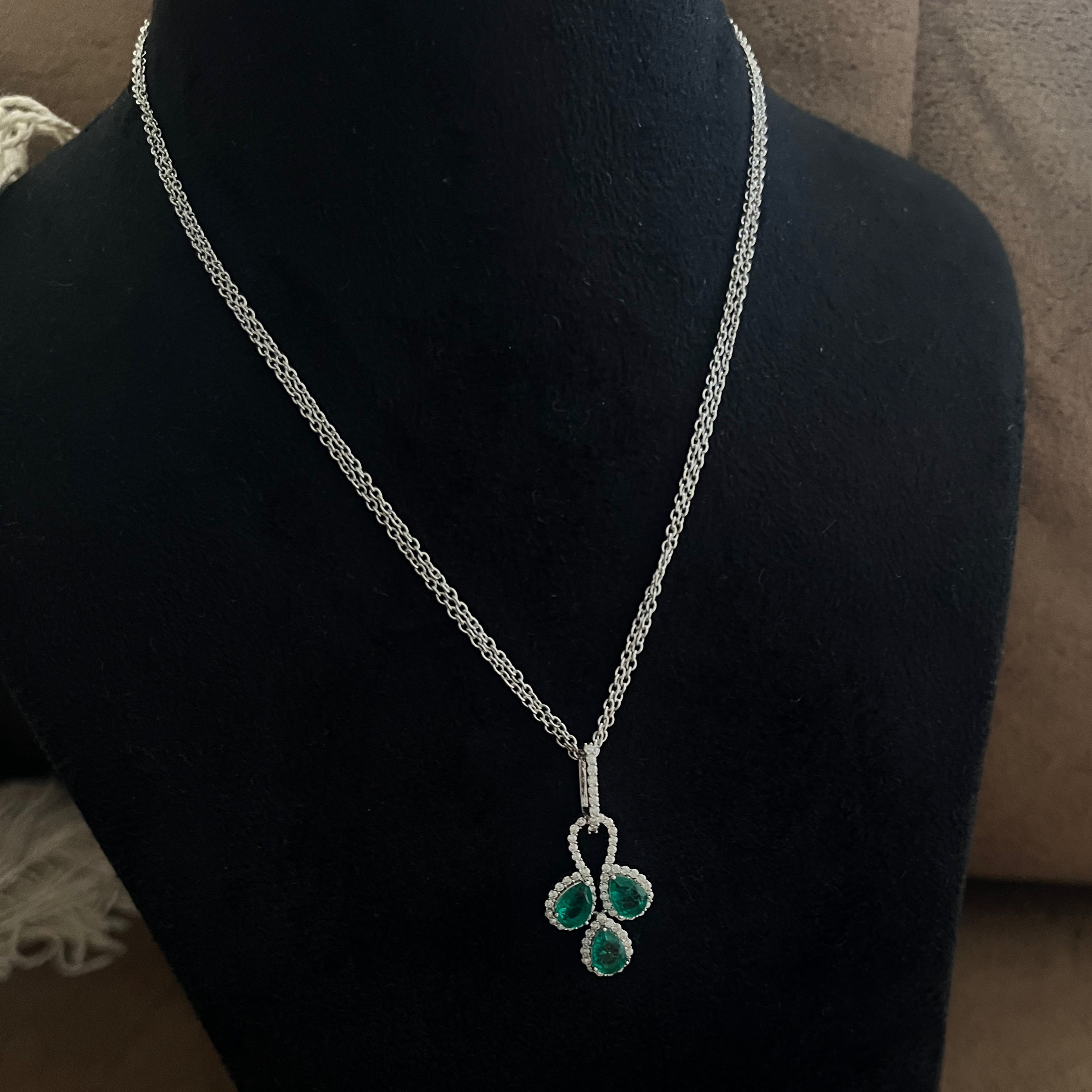 3 Petals Lab Grown Emerald Pendant with Moissanite in Sterling Silver