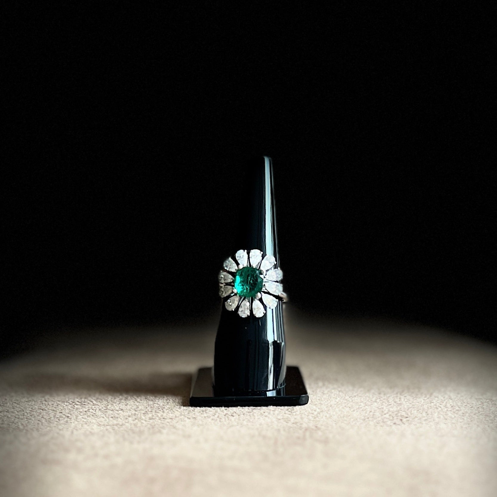 Floral Lab Grown Emerald Ring with Silver and Moissanite