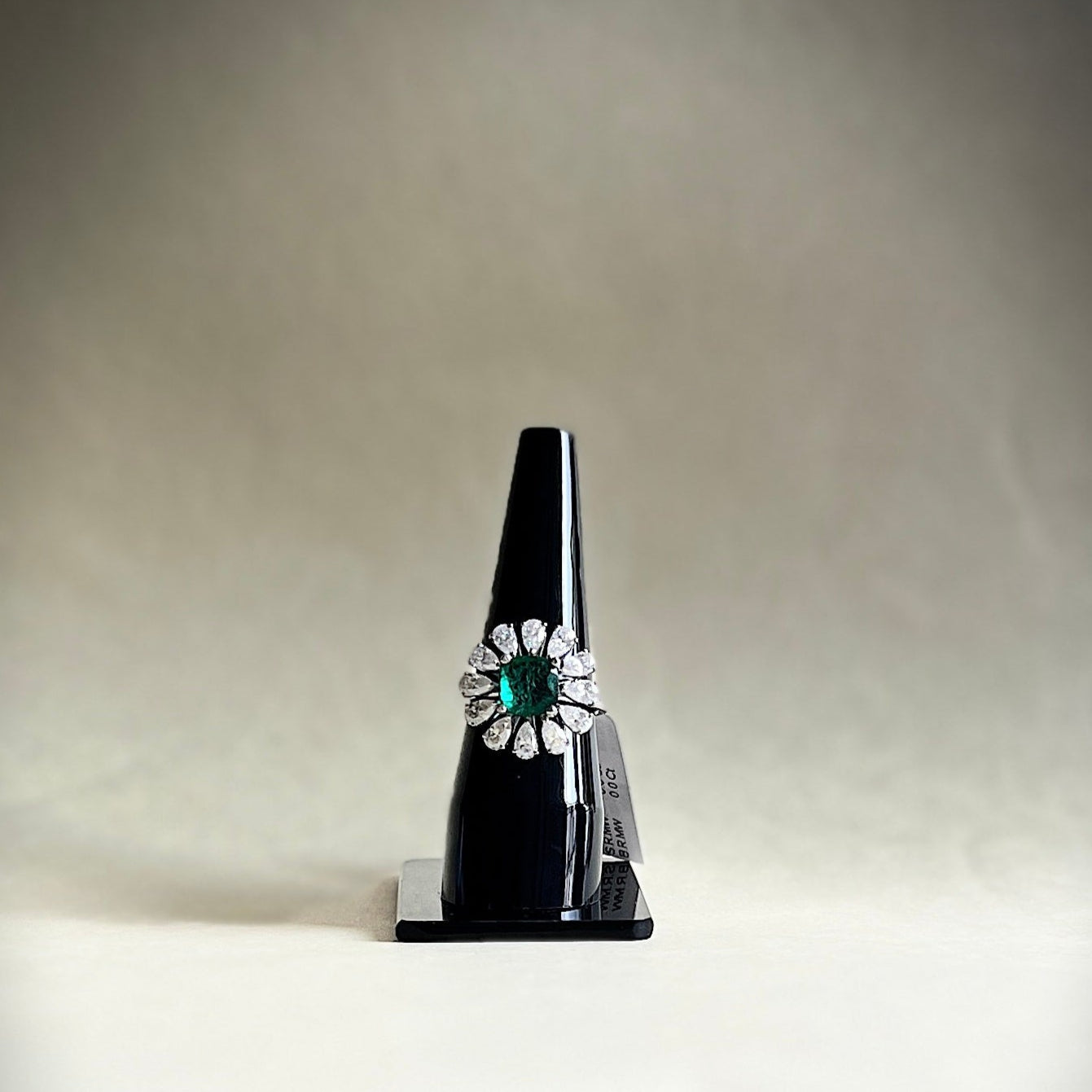 Floral Lab Grown Emerald Ring with Silver and Moissanite