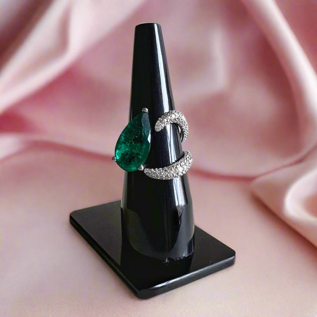 Pear shape Lab Grown Emerald Ring with Moissanite and Sterling Silver