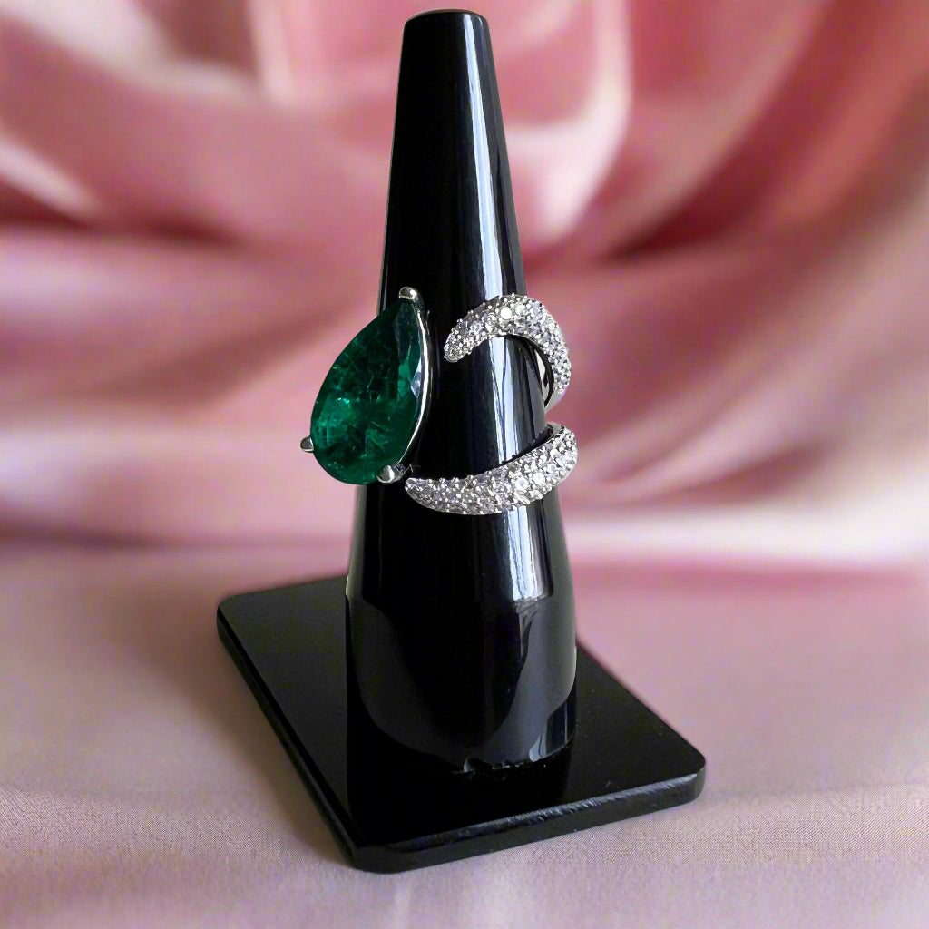 Pear shape Lab Grown Emerald Ring with Moissanite and Sterling Silver