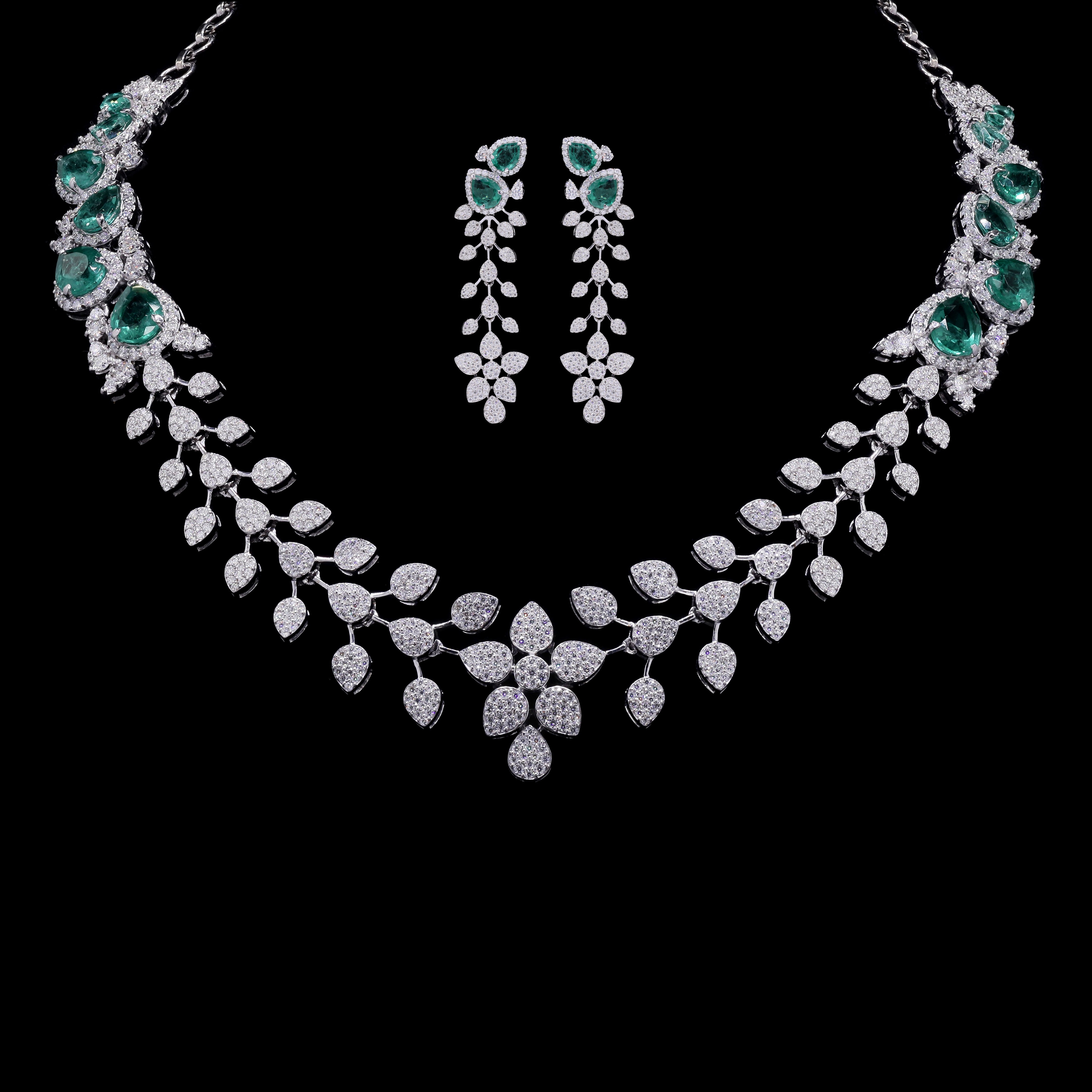 925 Silver & Moissanite with Lab Grown Emerald Necklace, Bridal wear