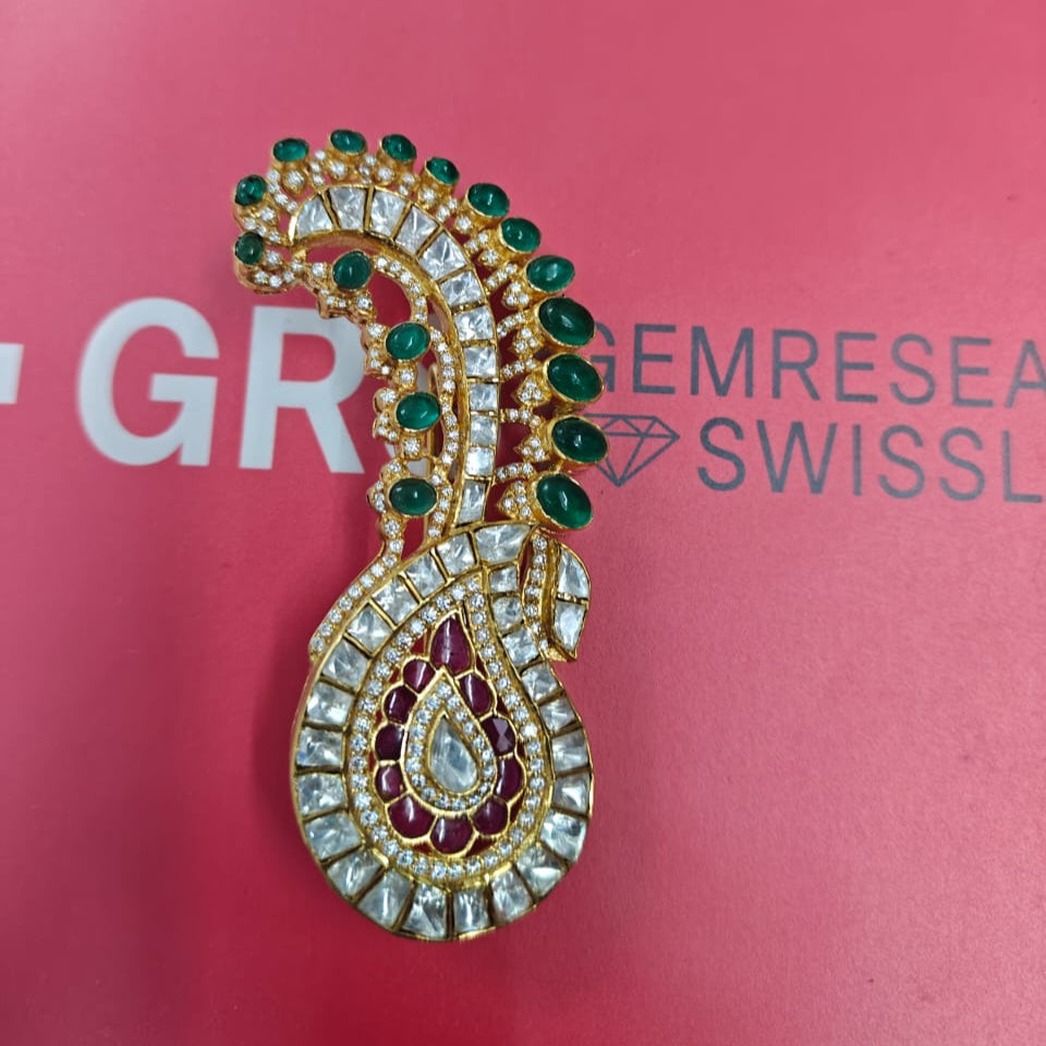 Green Kundan Polki Kalangi cum Brooch In Sterling Silver for him