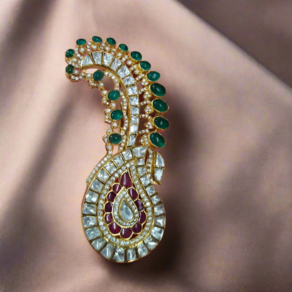 Green Kundan Polki Kalangi cum Brooch In Sterling Silver for him