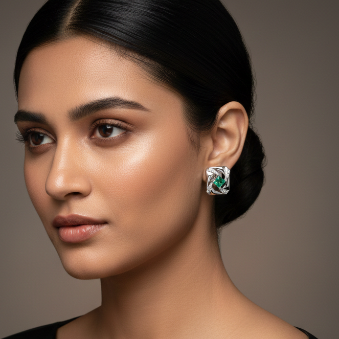 Lab Grown Emerald Elara Studs in Sterling silver with Moissanite