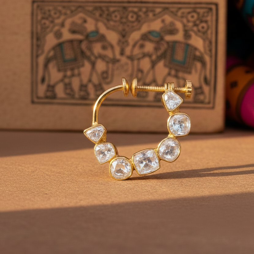 Bridal Screw Nath in 925 Sterling Silver with Moissanite Polki and Gold Rhodium Finish