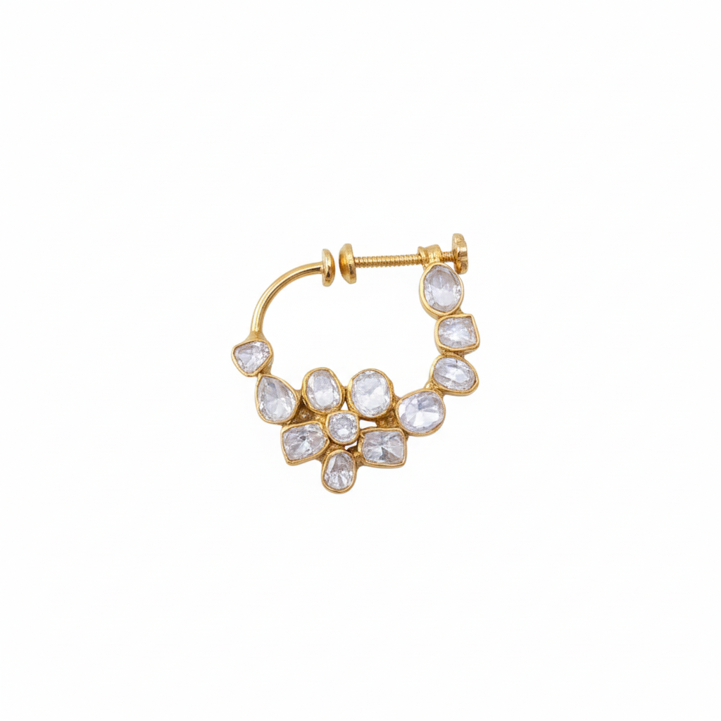 Designer Bridal Screw Nose Ring (Nath) in 925 Silver with Moissanite Polki & Gold Rhodium