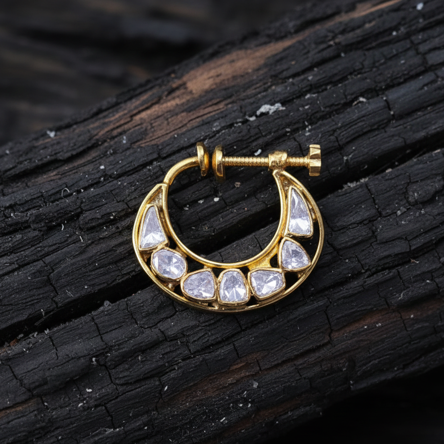 Royal Bridal Screw Nath with Moissanite Polki in 925 Sterling Silver, Gold Rhodium Coated