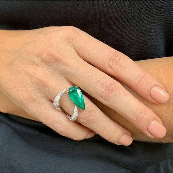 Pear shape Lab Grown Emerald Ring with Moissanite and Sterling Silver