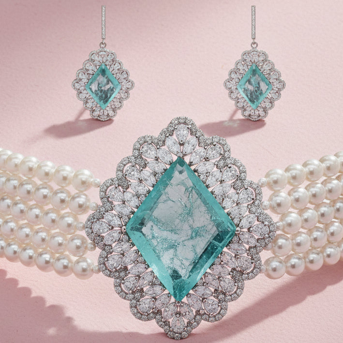 Bridal Pearl Choker Necklace with Moissanite & Emeralds in Silver