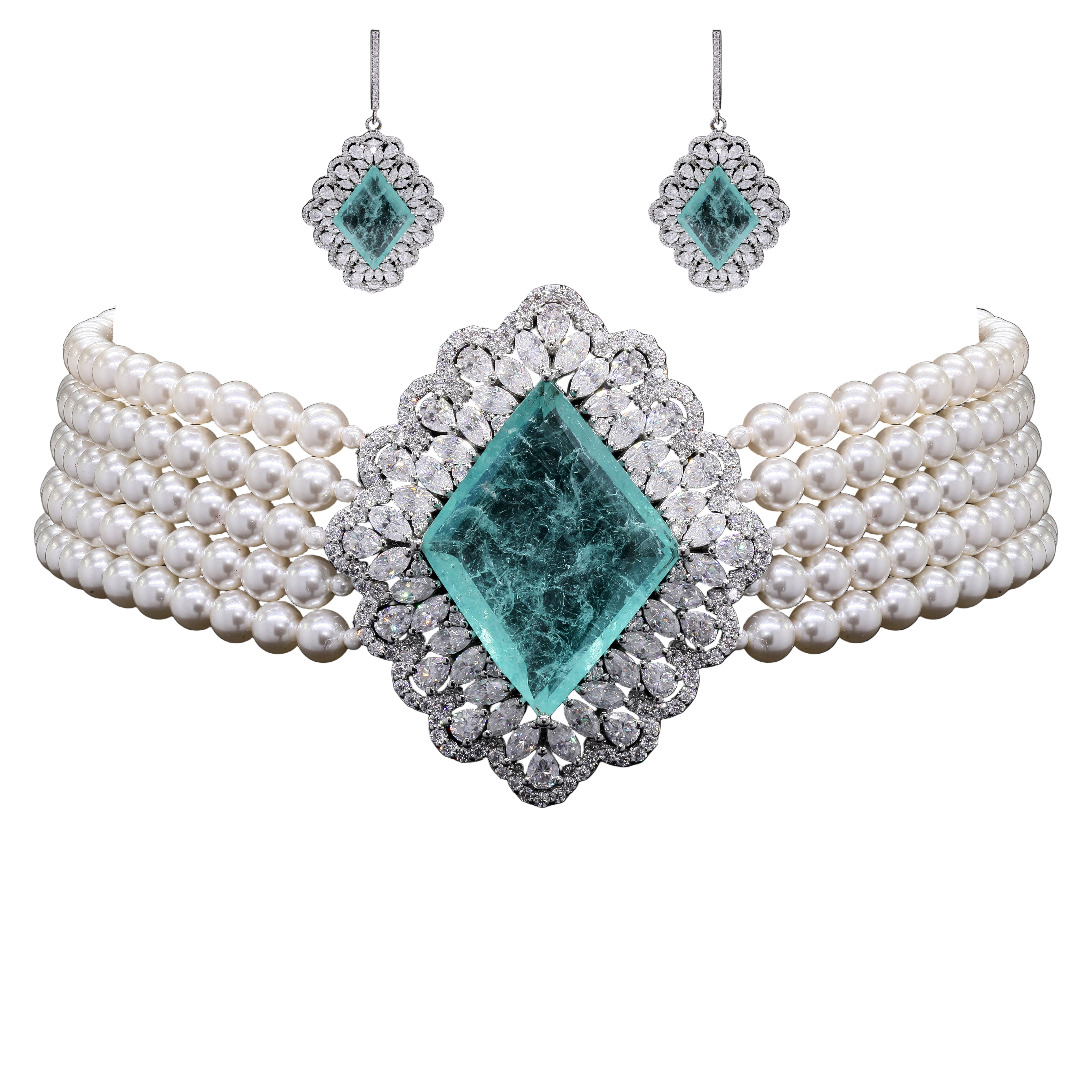 Bridal Pearl Choker Necklace with Moissanite & Emeralds