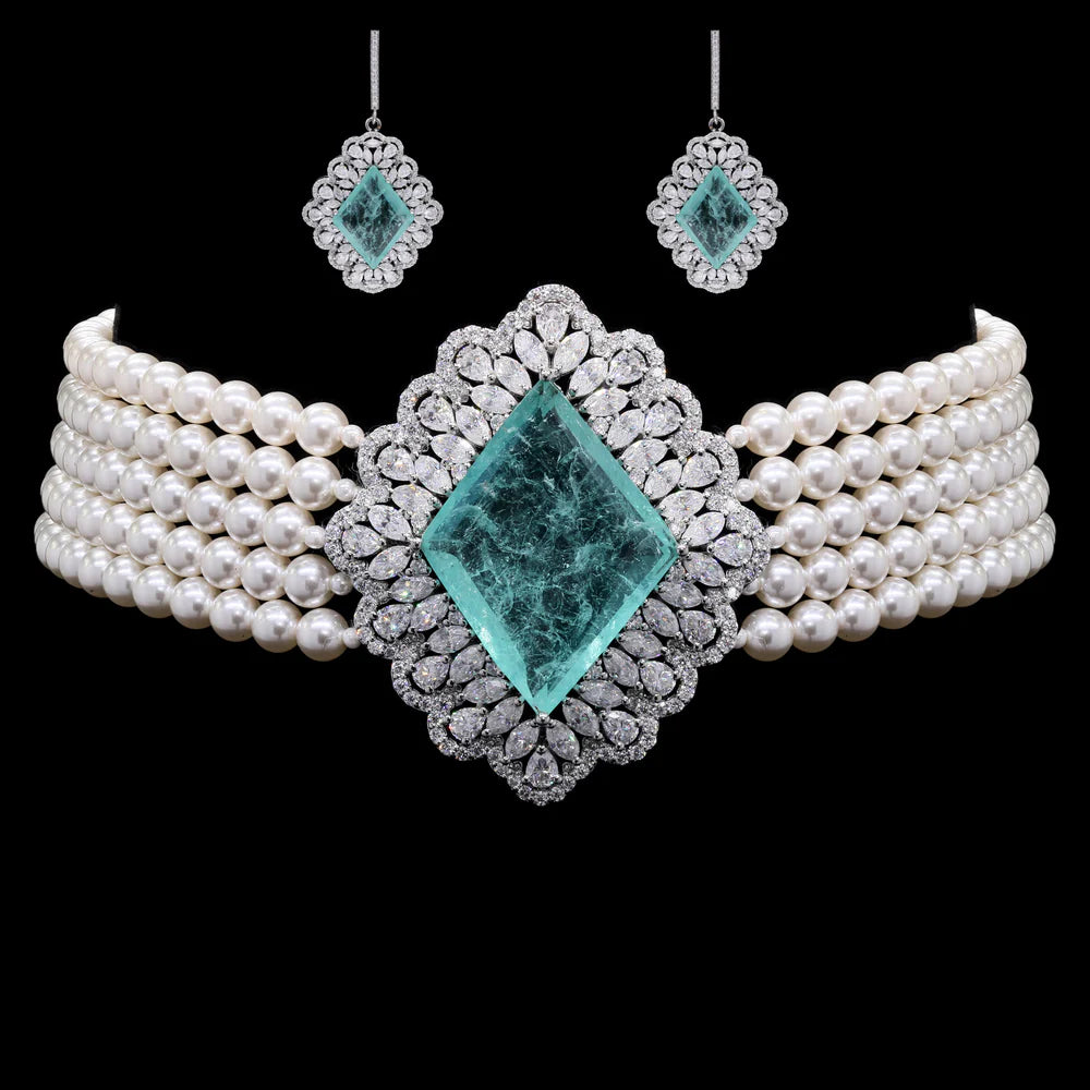 Bridal Pearl Choker Necklace with Moissanite & Emeralds in Silver