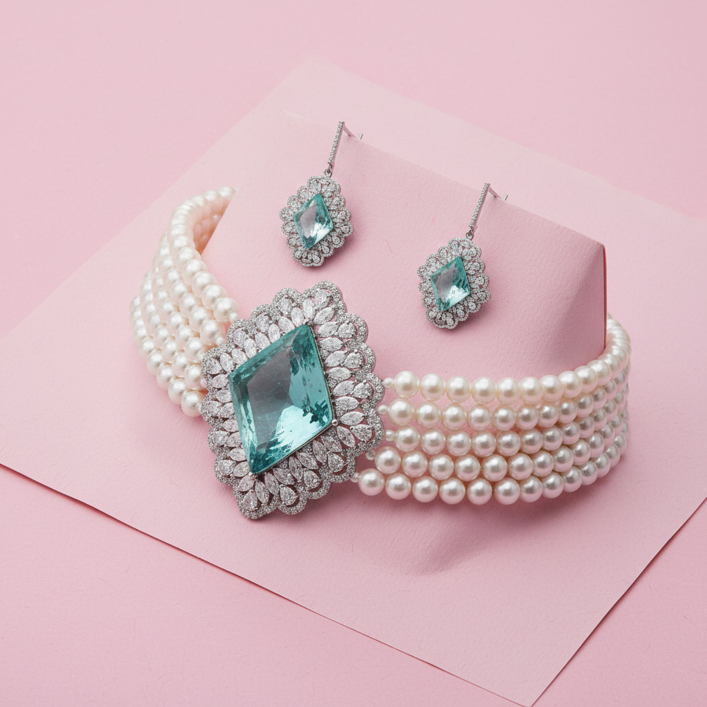 Bridal Pearl Choker Necklace with Moissanite & Emeralds in Silver