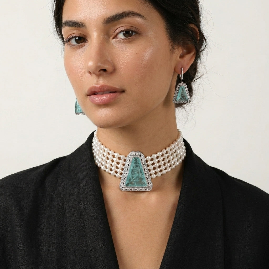 Wedding Lab Grown Emerald, Pearl & Moissanite Choker Necklace in Silver