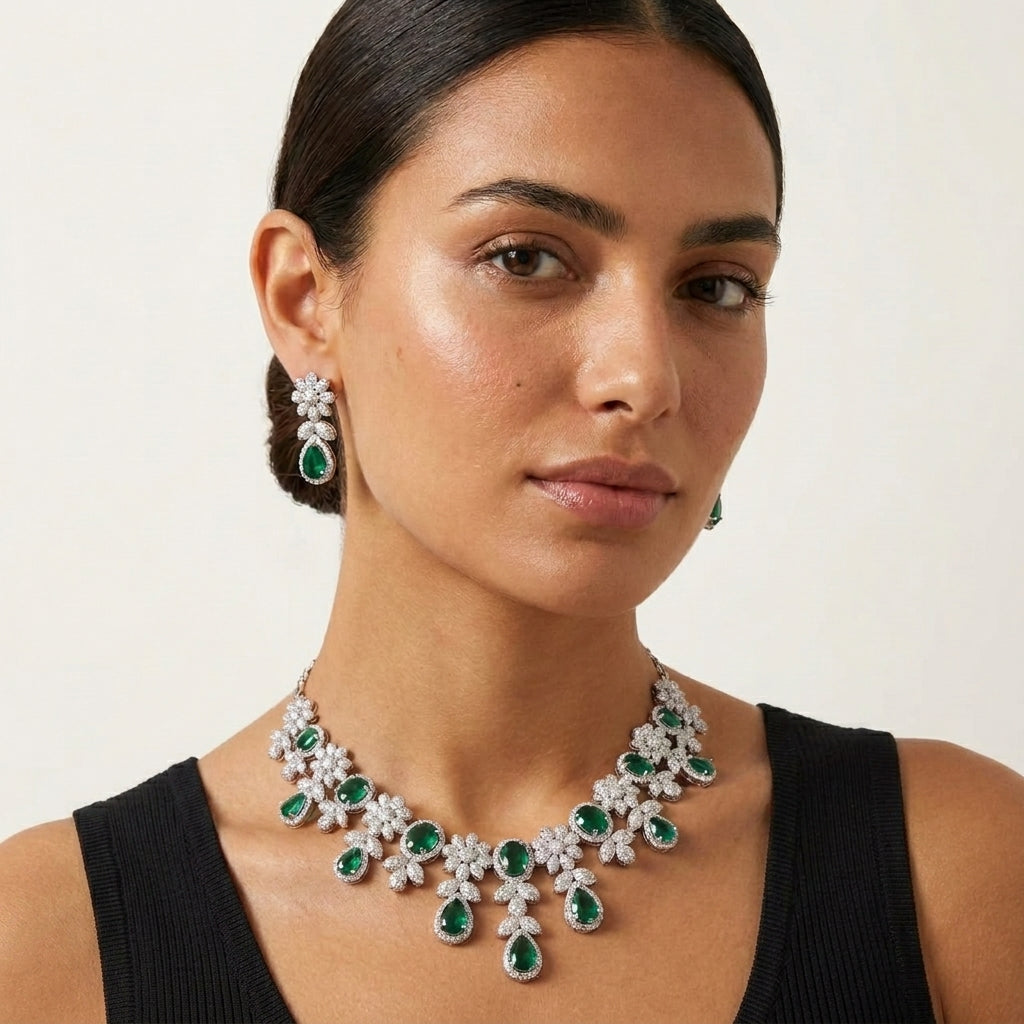 Bridal Moissanite and Lab Emerald Necklace in 925 Silver