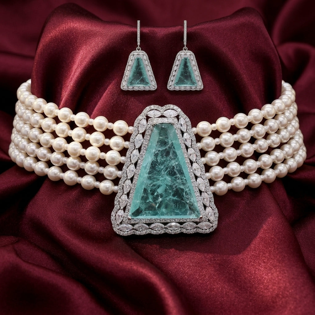 Wedding Lab Grown Emerald, Pearl & Moissanite Choker Necklace in Silver
