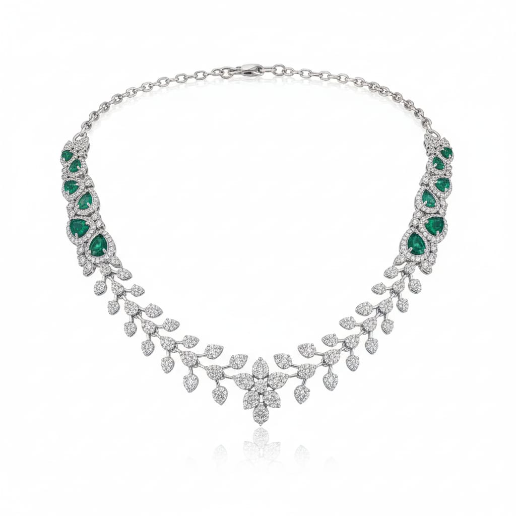 925 Silver & Moissanite with Lab Grown Emerald Necklace, Bridal wear